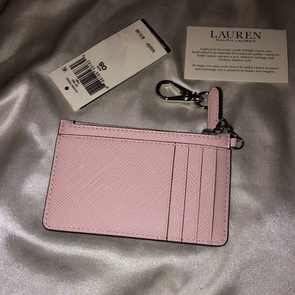 Lauren Ralph Lauren Hint Of Pink Crosshatch Leather Card Holder Zip Pocket NWT - Picture 7 of 12